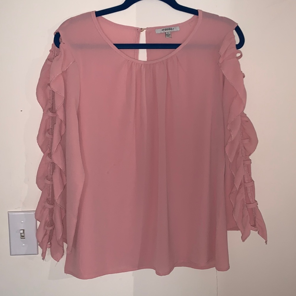 womens L light pink long open sleeve blouse